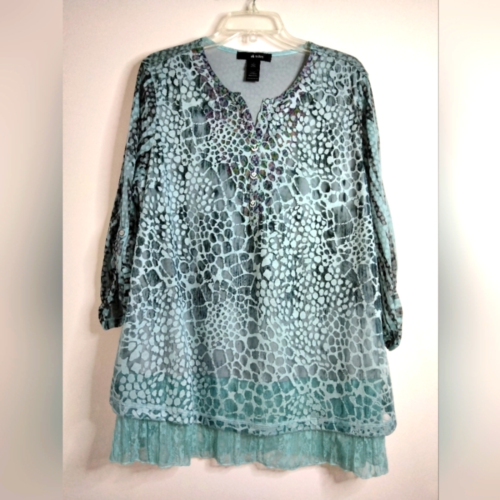 Ali Miles (Size L) Multicolor Button V-Neck Semi-Sheer Overlay Lace Trim Tunic